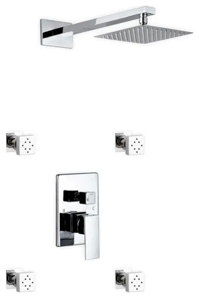 Aqua Piazza Set With 8" Square Rain Shower and 4 Body Jets, Chrome