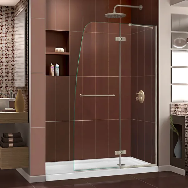 Aqua Ultra 30" Frameless Shower Door, Brushed Nickel, Right Drain White Base Kit