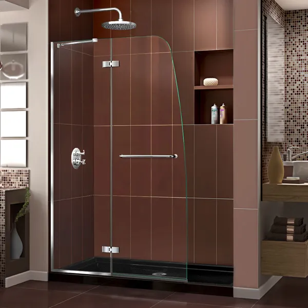 Aqua Ultra 36"Dx48"W Frameless Shower Door, Chrome, Center Drain Black Base Kit
