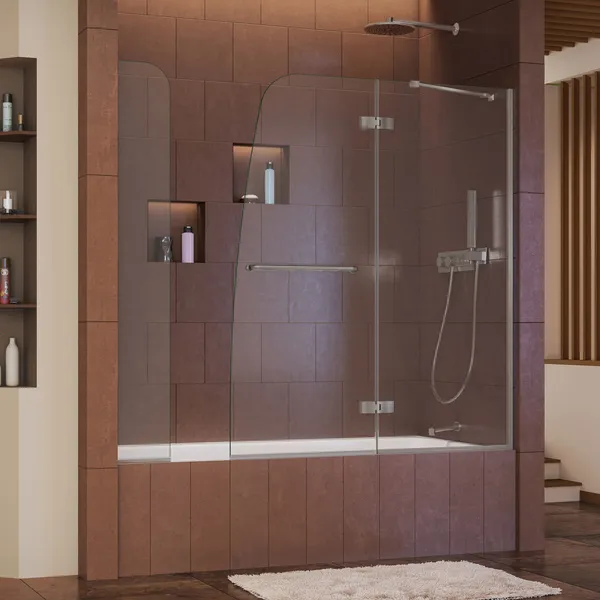 Aqua Ultra 57-60"W Frameless Hinged Tub Door, Extender Panel, Brushed Nickel