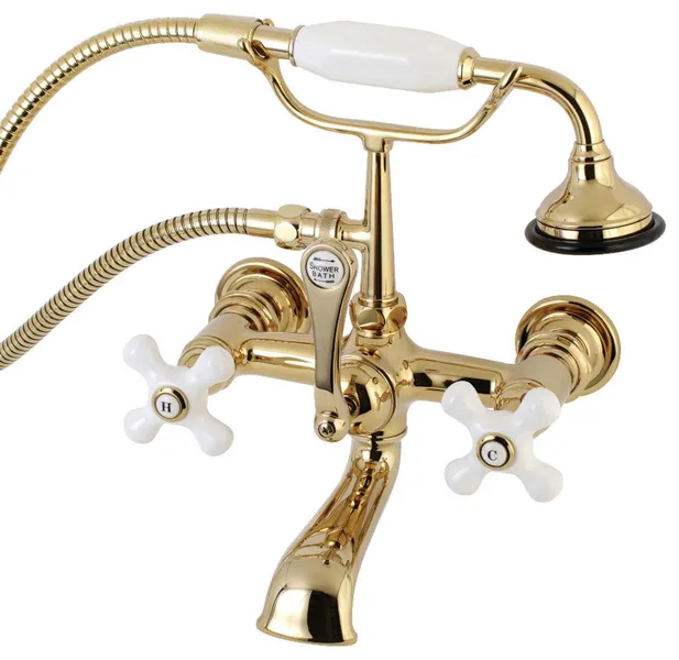 Aqua Vintage 7" Wall Mount Tub Faucet With Hand Shower, Polished Brass