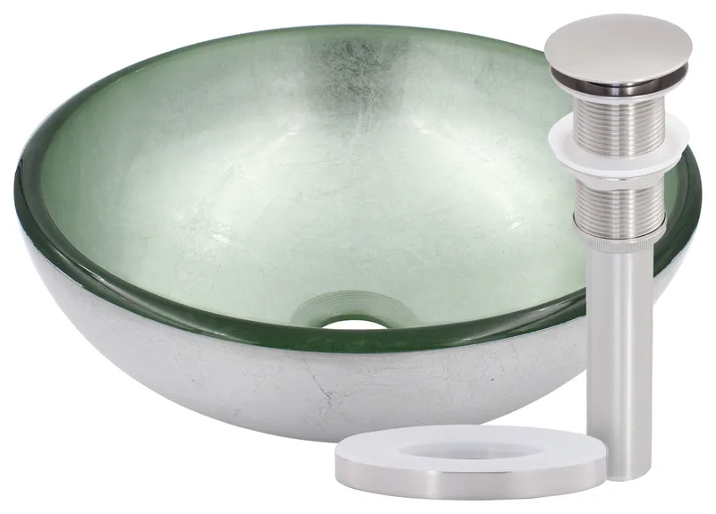 Argento Mini 12" Silver Foiled Round Glass Vessel Bath Sink with Drain, Brushed Nickel