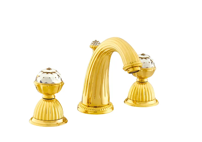 Artica Gold widespread bathroom sink faucet with Swarovski crystals. Luxury taps