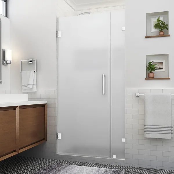Aston Nautis XL 34.25-35.25"W x 80"H Frameless Shower Door, Brush Steel, Frosted