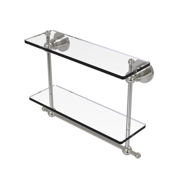 Astor Place 16" Two Tiered Glass Shelf with Towel Bar, Satin Nickel