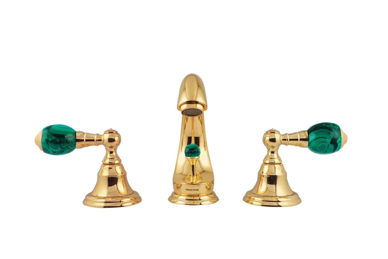 Atlantica Precious luxury gold widespread bath sink faucet with Malachite stone.
