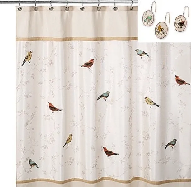 Avanti Linens Gilded Birds Fabric Shower Curtain, 12 Deluxe Shower Hooks, Ivory