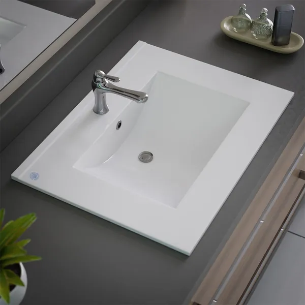 Bathroom Drop-In Sink White Rectangle with Single Faucet Hole and Overflow