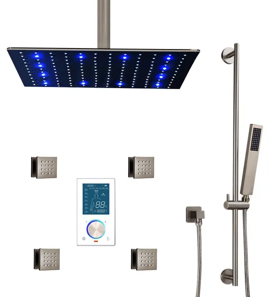 BathSelect Brushed Nickel Ceiling Mount Rainfall Shower Set With Digital Thermos
