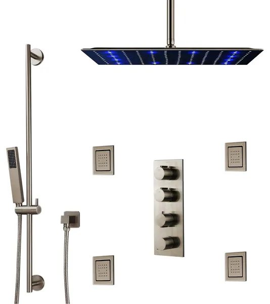 BathSelect Brushed Nickel Ceiling Mount Rainfall Shower Set With Thermostat
