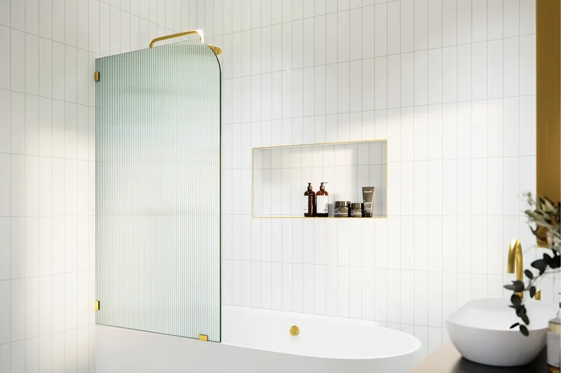 Bathtub Fixed Panel, Fluted Radius, Left Hand, Satin Brass