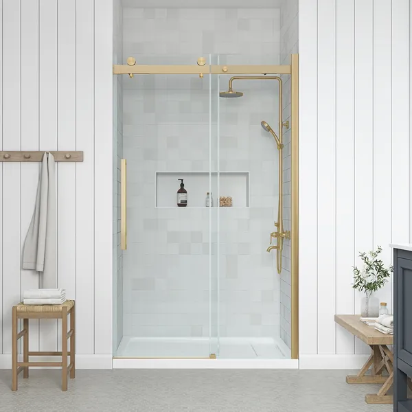 Bel Soft-Close Frameless Sliding Soft Close Shower Door, Gold, 48"