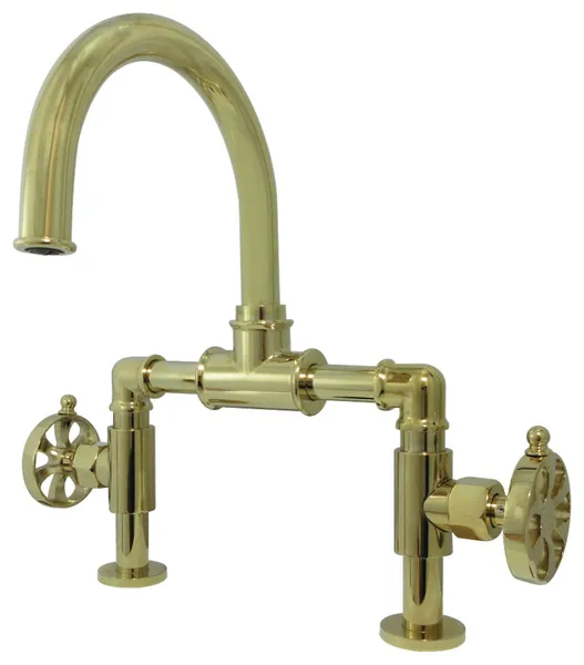 Belknap Style Wheel Handle Bridge Bathroom Faucet With Drain, Polished Brass