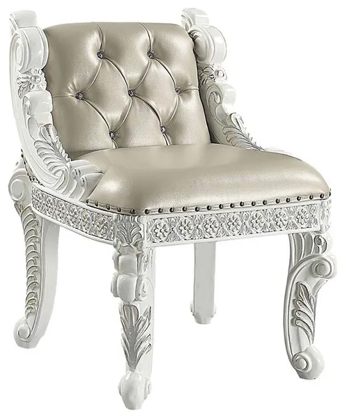 Benzara BM262136 Vanity Stool With Nailhead Trim and Queen Anne Legs, White