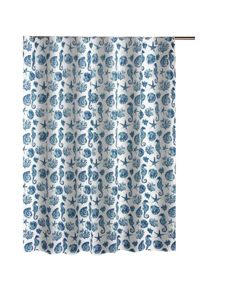 Benzara BM293486 Shower Curtain, Blue Seashells Print, Button Holes, Microfiber