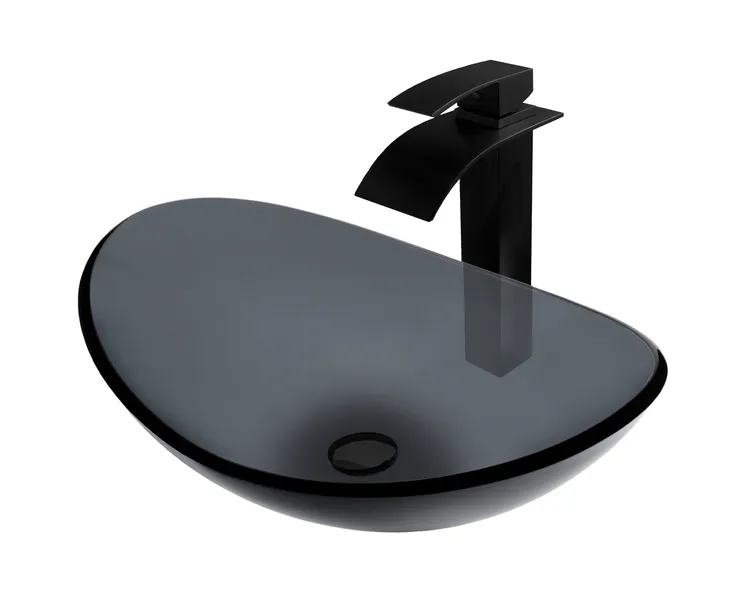 Bigio Clear Slate Grey Glass Vessel Bath Sink Combo with Faucet and Drain, Matte Black