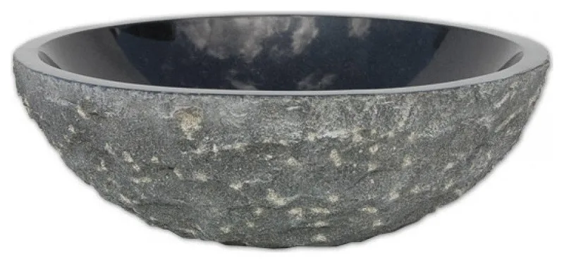 Black Granite Vessel Sink Rough Exterior, Polished Interior, Black Granite
