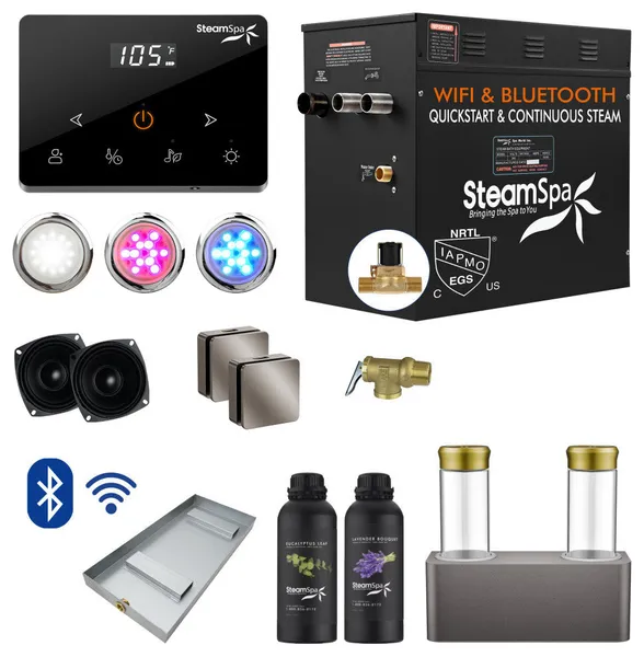 Black Series 12KW Steam Bath Generator, Remote, WiFi, Dual Aroma, Brushed