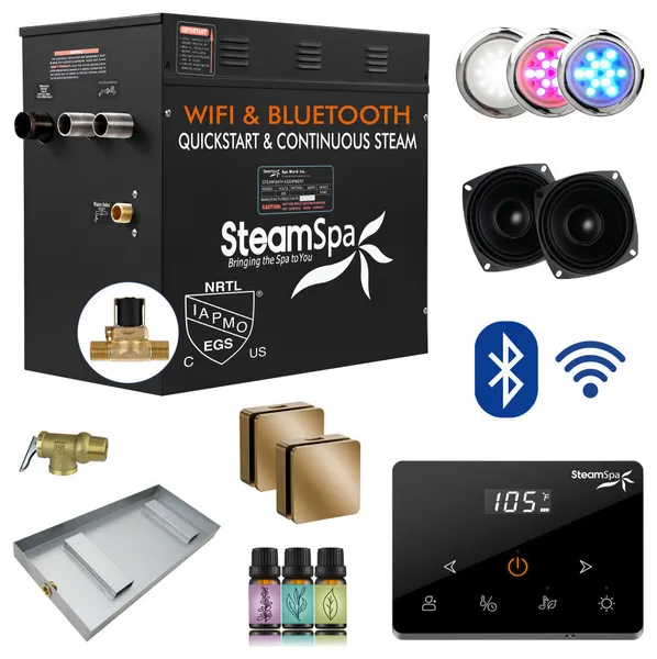 Black Series 12KW Steam Bath Generator, Touchscreen, Bluetooth, WiFi, Gold