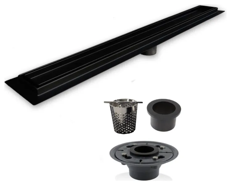 Black Tile Insert Linear Drain, Hair Trap, ABS Drain Flange, by SereneDrains, 16 Inch