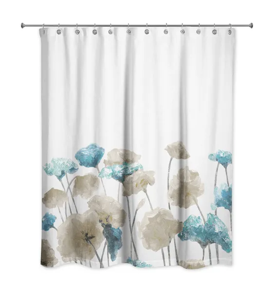 Blue Beige Painted Flowers 71x74 Shower Curtain