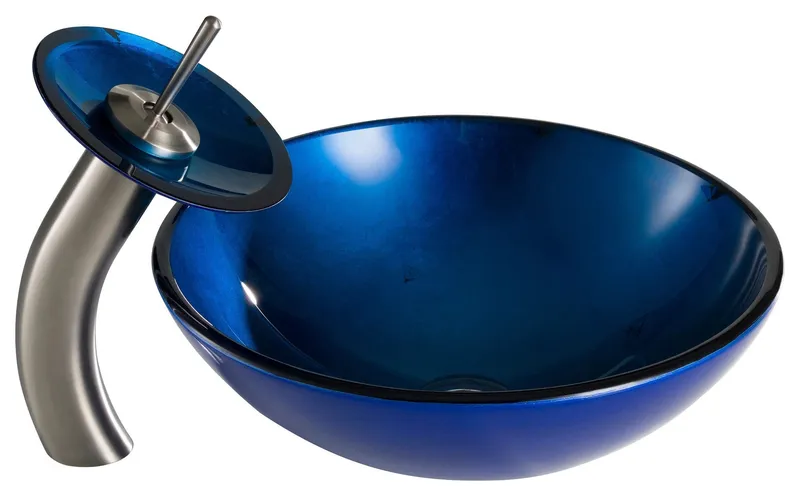 Blue Glass Vessel Sink with Waterfall Faucet and Pop-Up Drain Set, Satin Nickel