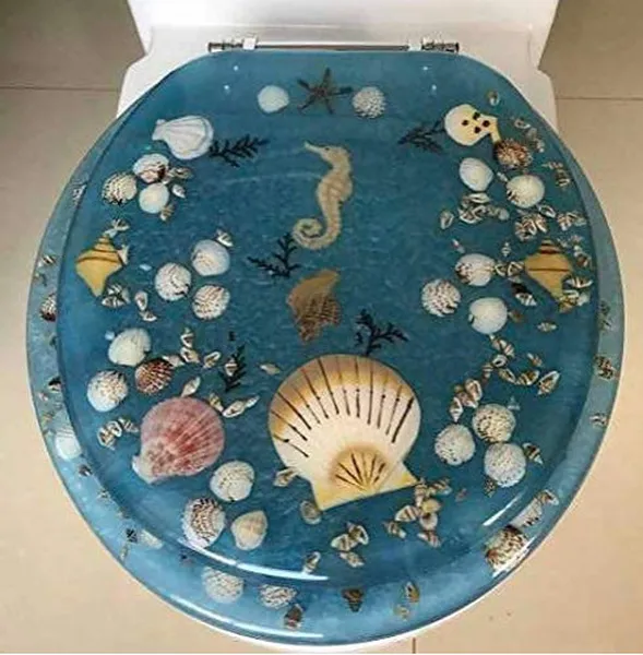 BLUE SEASHELL AND SEAHORSE STANDARD SIZE RESIN TOILET SEAT, CHROME HINGES