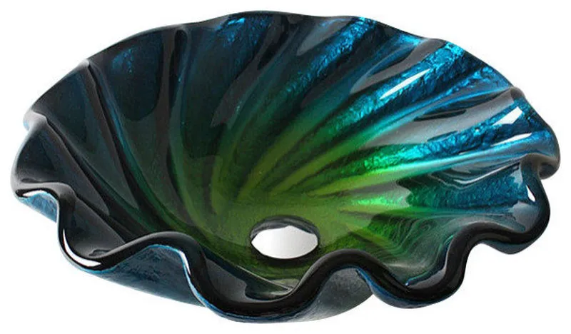 BlueandGreen Seashell Glass Bathroom Vessel Sink, Waterfall Faucet System