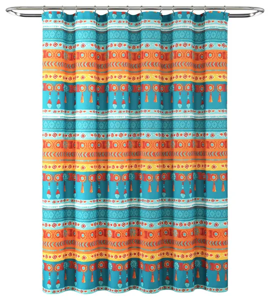 Boho Watercolor Border Shower Curtain, Turquoise/Multi