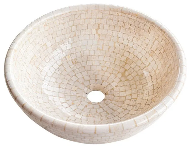 Botticino Marble Natural Stone Round Vessel Sink  (D)16" (H)6"