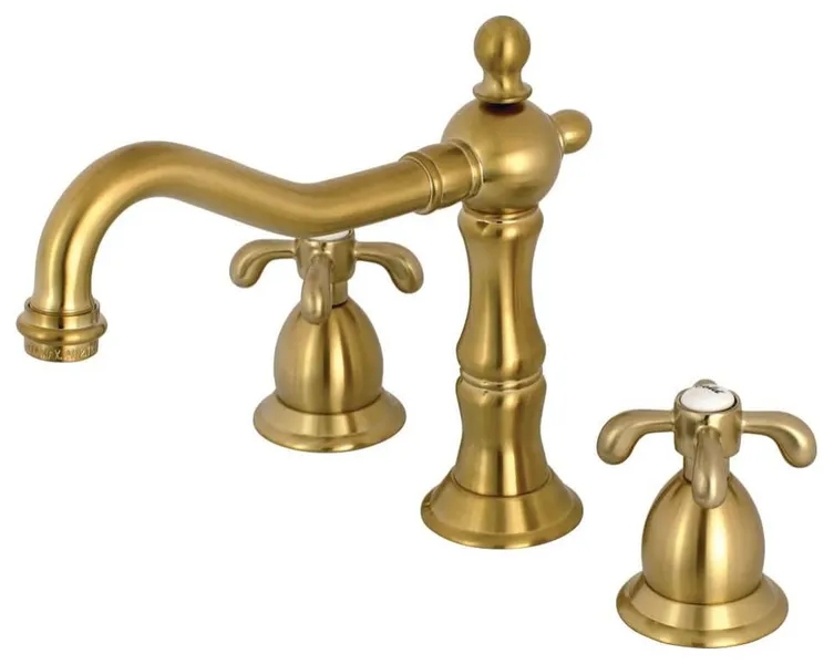 Brass Bathroom Faucet with Crossed Handles and Extended Spout Reach, Brushed Brass