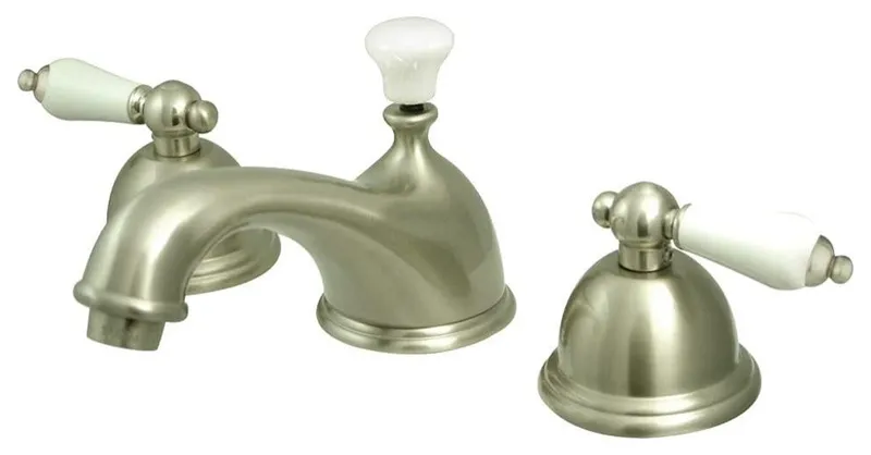 Brass Bathroom Faucet with White Levers and Compact Traditional Design, Brushed Nickel
