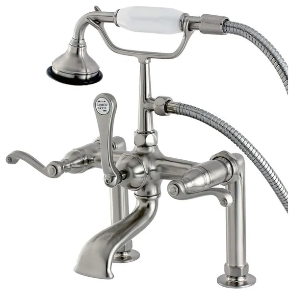 Brass Clawfoot Bathtub Faucet with Dual Levers & Hand Shower, 7" Spread, Brushed Nickel