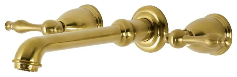 Brass Wall Mount Faucet with Extended Spout and Dual Lever Handles, Brushed Brass