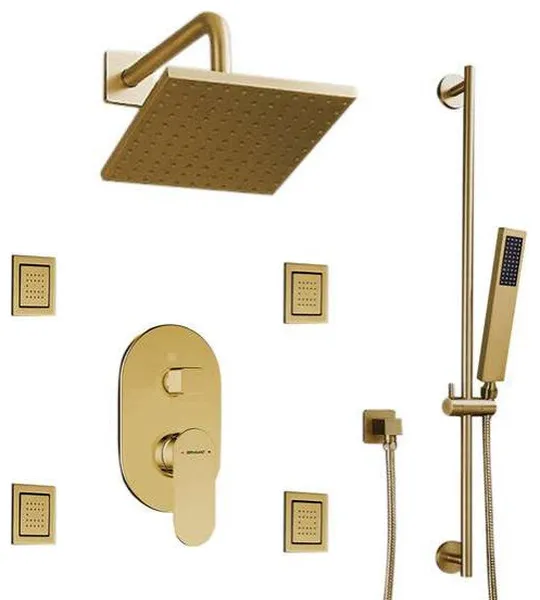 Bravat Brushed Gold Square Shower Set, Valve Mixer 3-Way Concealed Wall Mount