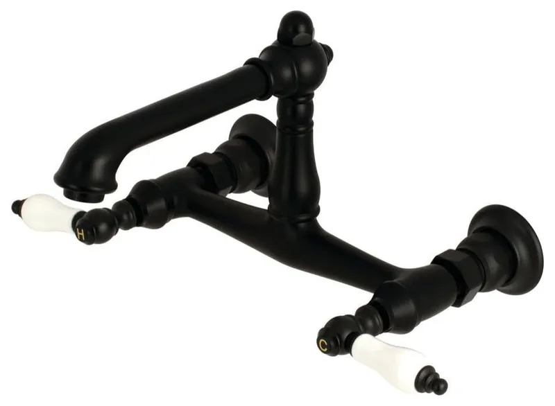 Bridge Style Bathroom Faucet with Long Spout and ADA Porcelain Handles, Matte Black