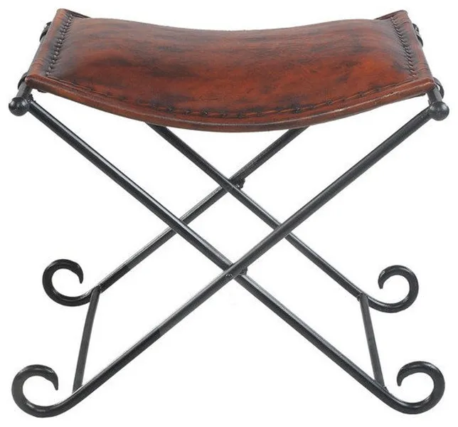 Brown Leather Industrial Accent Stool with Iron Legs