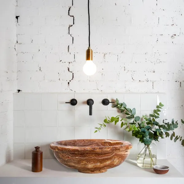 Brown Onyx Translucent Natural Stone Drop-in Vessel Sink Polished, (D)16", (H)6"