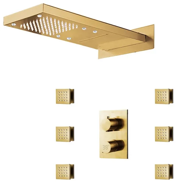 Brushed Gold 22"  Digital Rainfall Shower System, 6 Jetted Body, LED