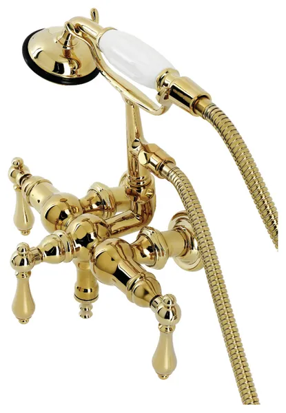 CA19T2 3-3/8" Wall Mount Clawfoot Tub Faucet With Hand Shower, Polished Brass