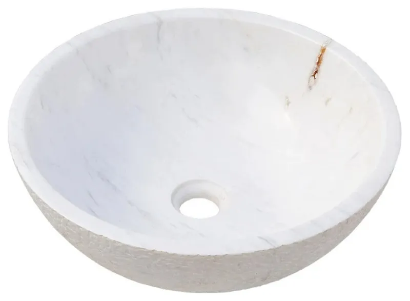 Calacatta White Marble Vessel Sink Polished Interior&Rough Exterior (D)16" (H)5"