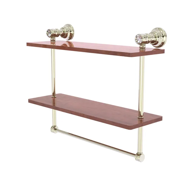 Carolina Crystal 16" Double Wood Shelf With Towel Bar, Polished Nickel