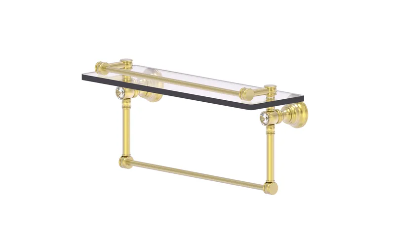 Carolina Crystal 16" Gallery Glass Shelf With Towel Bar, Satin Brass