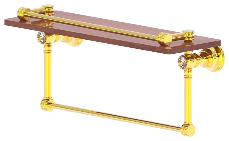 Carolina Crystal 16" Gallery Wood Shelf With Towel Bar, Polished Brass