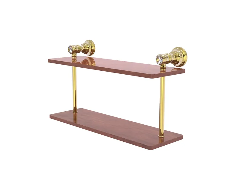 Carolina Crystal 16" Two Tiered Wood Shelf, Unlacquered Brass
