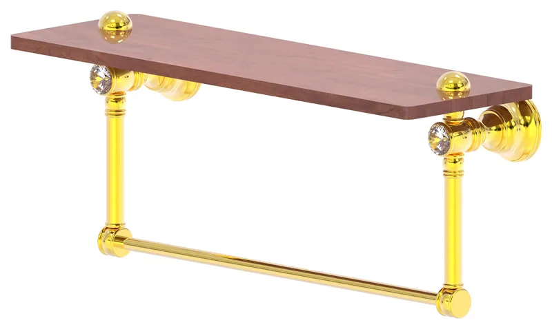 Carolina Crystal 16" Wood shelf With Integrated Towel Bar, Polished Brass
