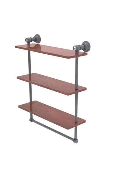 Carolina Crystal 22" Triple Wood Shelf With Towel Bar, Matte Gray