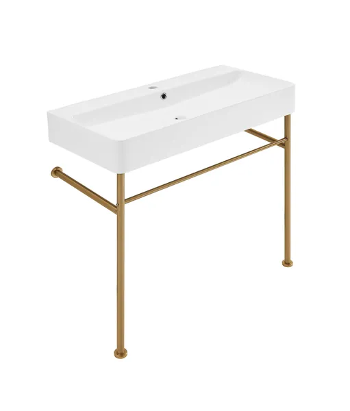 Carre 36" Ceramic Console Sink White Basin Gold Legs, Brushed Gold