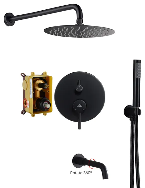 CASAINC 10" Round Luxury Shower System Handheld Spray & Bathtub Spout, Matte Black