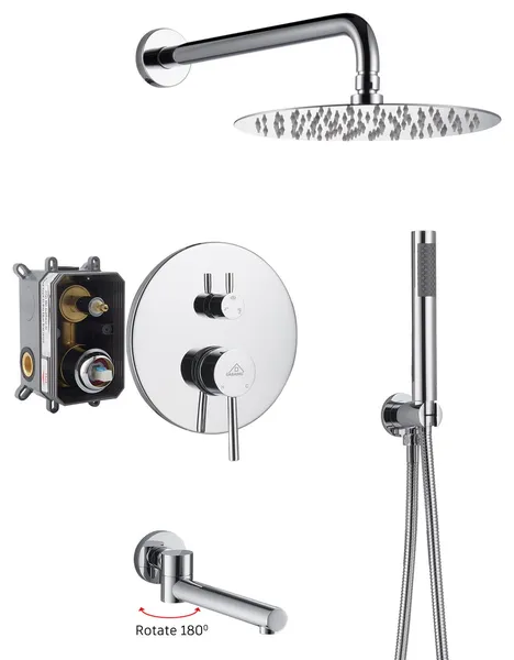 CASAINC 10" Round Wall Mounted Shower System Set Handheld Spray & Bathtub Spout, Chrome
